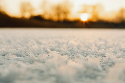 Beautiful close-up of snowflakes on the ground with a stunning sunset backdrop, capturing winter's serene beauty.