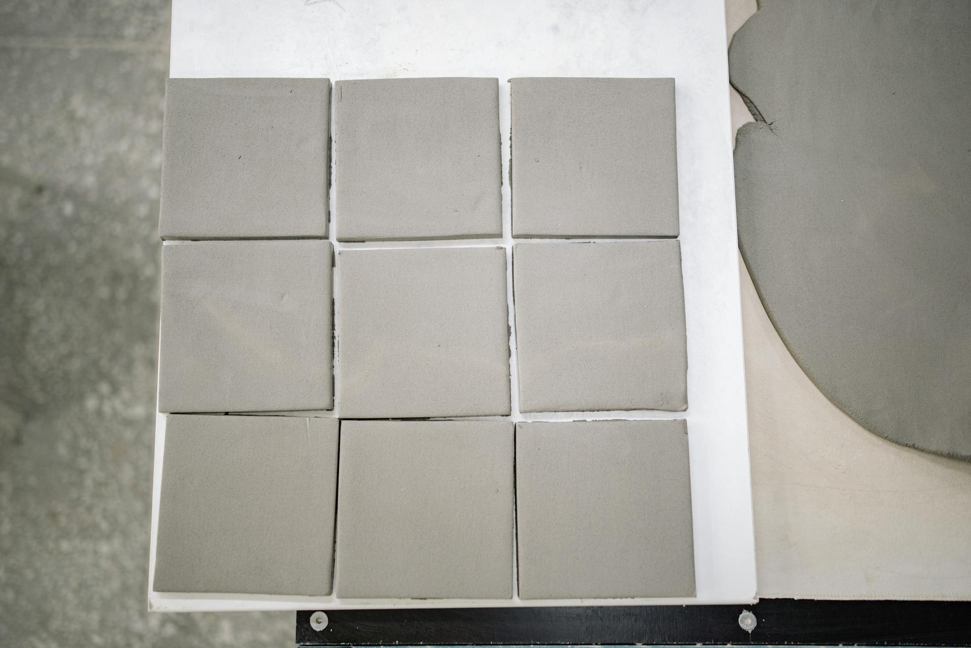 A top view of freshly cut square clay tiles arranged on a table in a workshop setting.