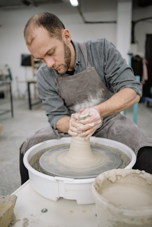Potter Working with Clay a Pottery Wheel 