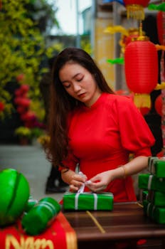 Young woman in vibrant red dress wrapping traditional gifts for Tet festival in Vietnam.
