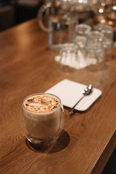 Hot latte with frothy milk served in a glass on a cozy cafe table.