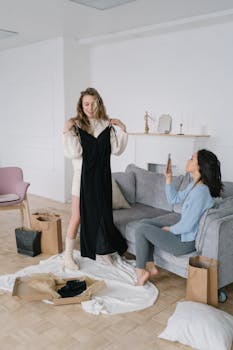 Two women trying on dresses in a stylish living room, surrounded by shopping bags and cozy decor.