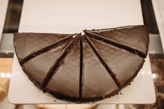 Indulgent chocolate cake slices arranged on a plate, perfect for dessert lovers.