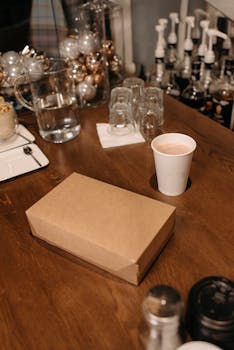 Warm café scene with drinks, decorations, and takeaway box on a wooden table.