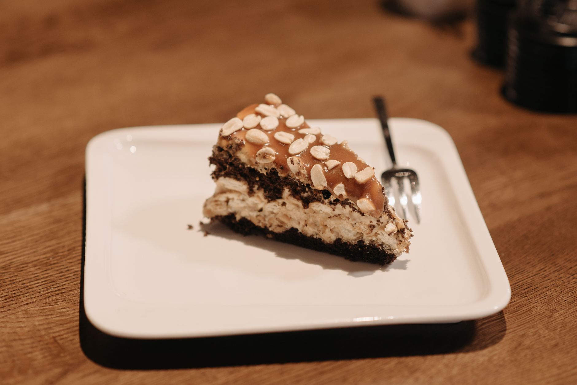 Chocolate and espresso layered cake with peanut butter icing