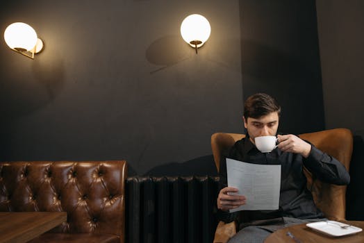 A man sips coffee and reads a document in a stylish, dimly-lit cafe with leather seating.