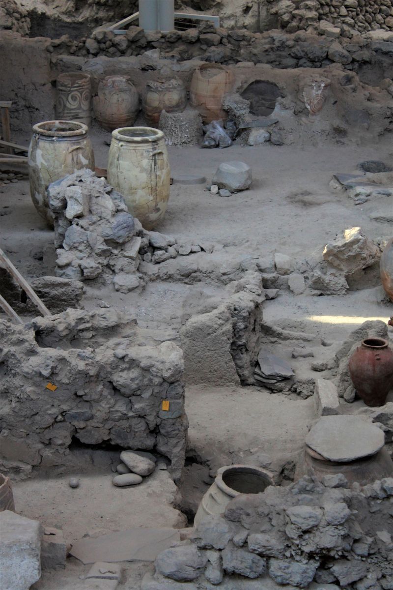 Ancient pottery among the ruins of the Akrotiri excavation site