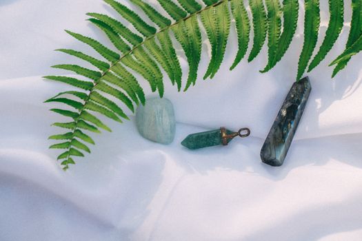 Healing Crystals Beside Green Fern Leaf on a White Surface