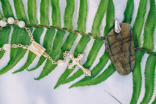 Close-up Shot of Healing Crystal and Rosary on Green Fern Leaf