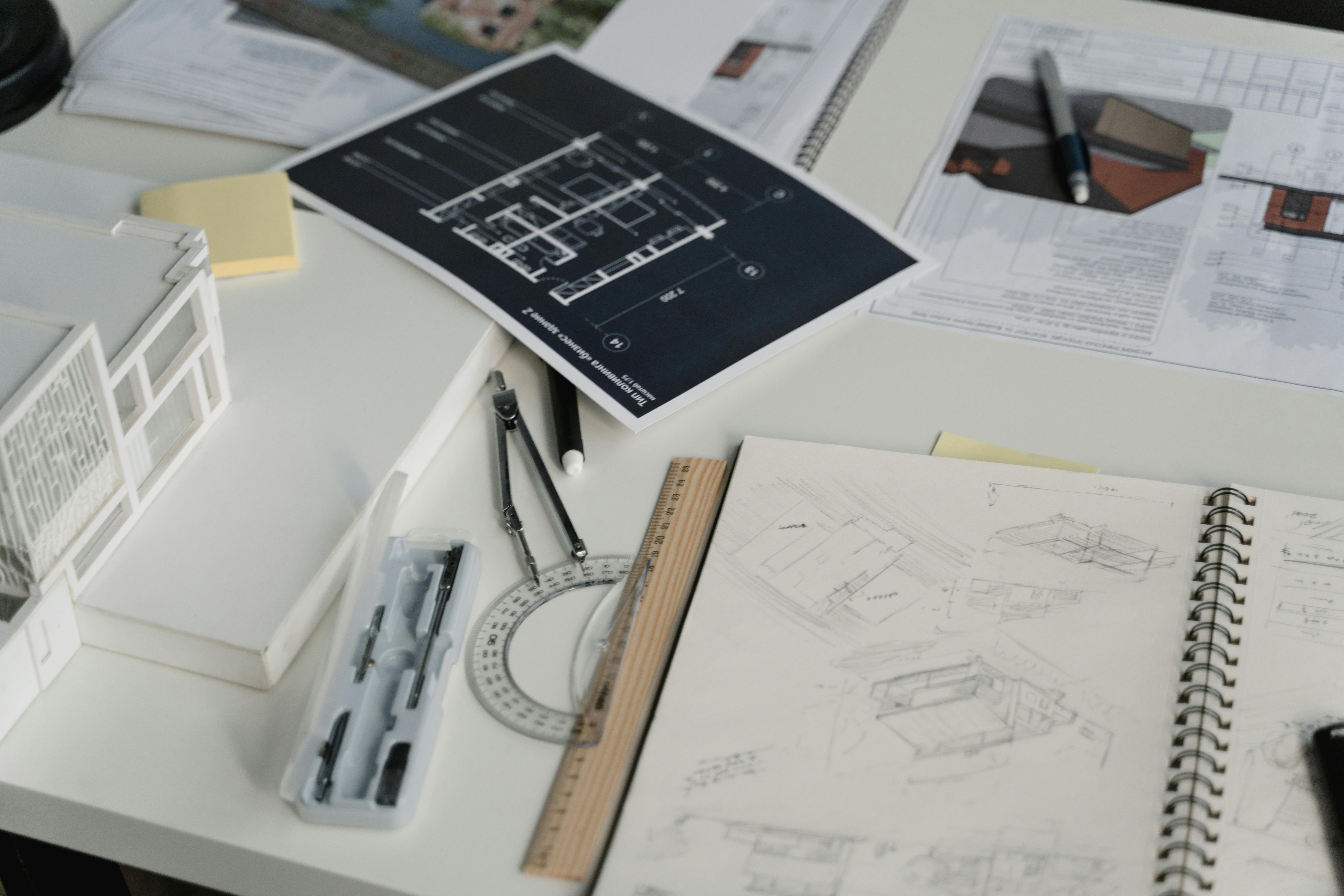 printed designs and drawings over the work table