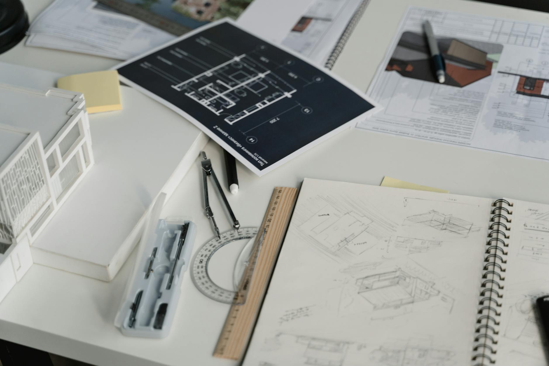 High-angle view of a desk with blueprints, sketches, and architectural tools.