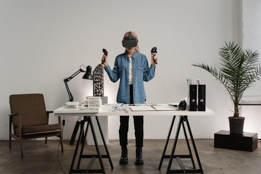 A young woman in a denim jacket experiences virtual reality in a sleek office setting.