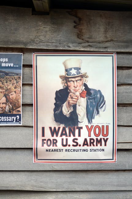 Vintage US Army recruitment poster featuring Uncle Sam on a wooden wall.
