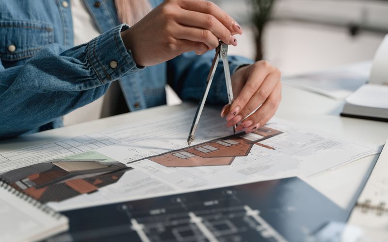 Designer working with compass and drawings on presentation graphics