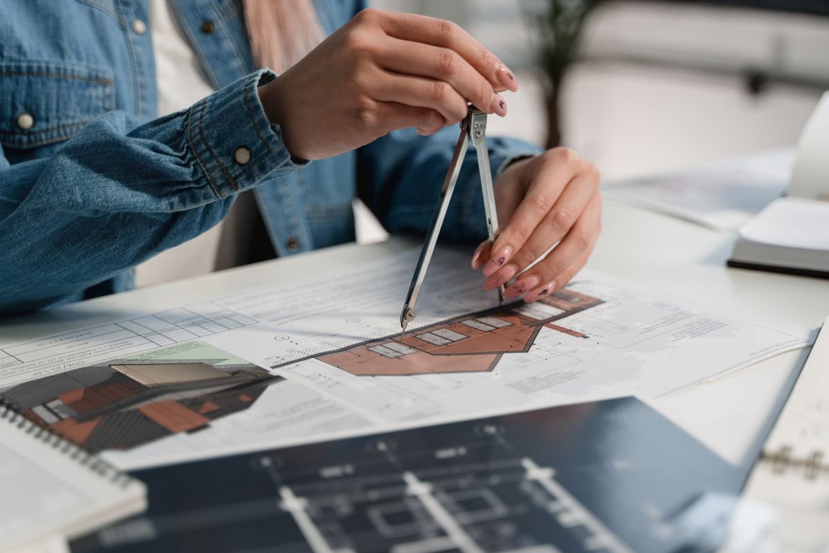 Engineer using a drafting compass over blueprints at an office desk