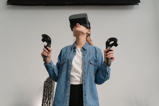 Young woman enjoying a virtual reality simulator with VR headset and controllers.