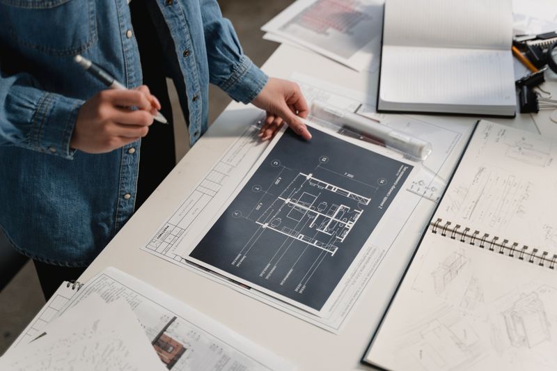 Engineer reviewing architectural drawings at a desk