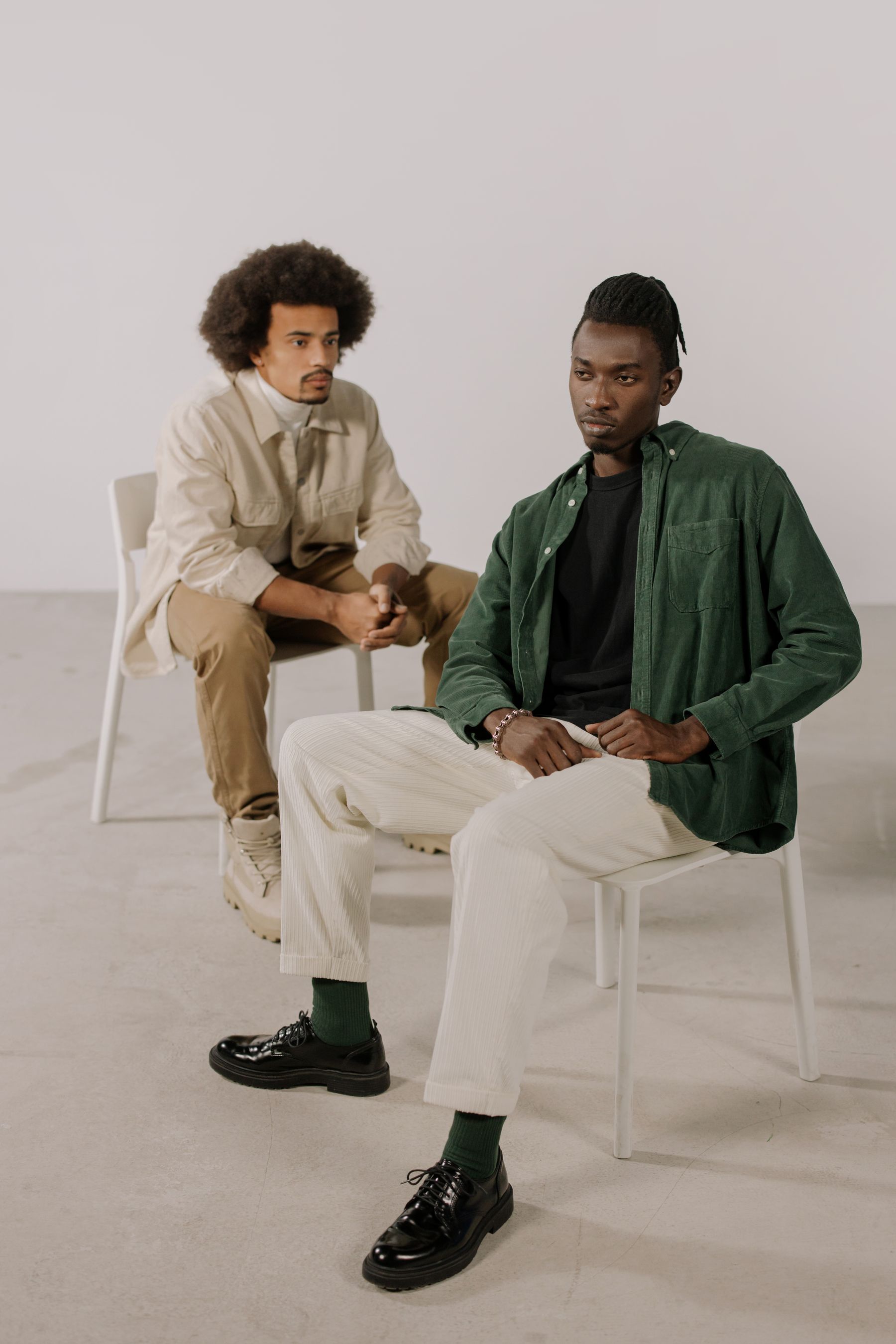 Relaxed men's shirt and trouser styling in a lifestyle fashion scene