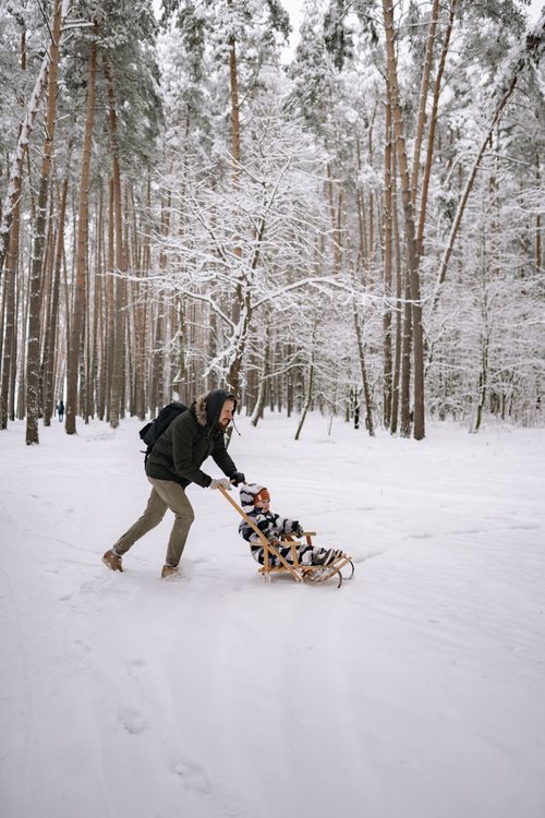 Free A joyful moment of a father pushing his son on a sled through a snowy forest. Captured in winter, depicting family fun and adventure. Stock Photo