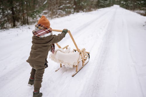 Small Child with Sleds in Winter Forest
