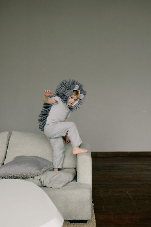 Free A cute child climbing on a couch in a gray hedgehog costume indoors against a gray background. Stock Photo