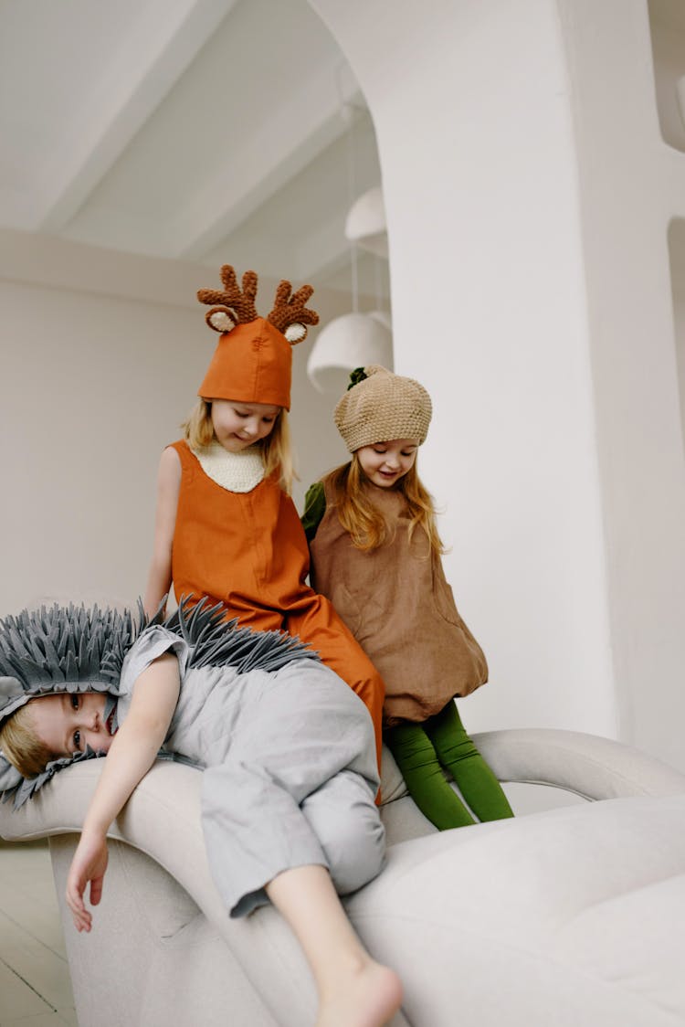 Kids Wearing Animal Costumes In A Living Room 