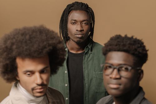 Free Studio portrait of three stylish men with afro, dreadlocks, and modern fashion on a brown background. Stock Photo