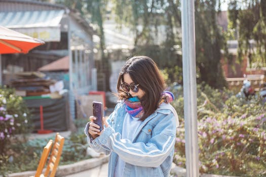 A woman in a denim jacket captures a moment outdoors with her smartphone on a sunny day.