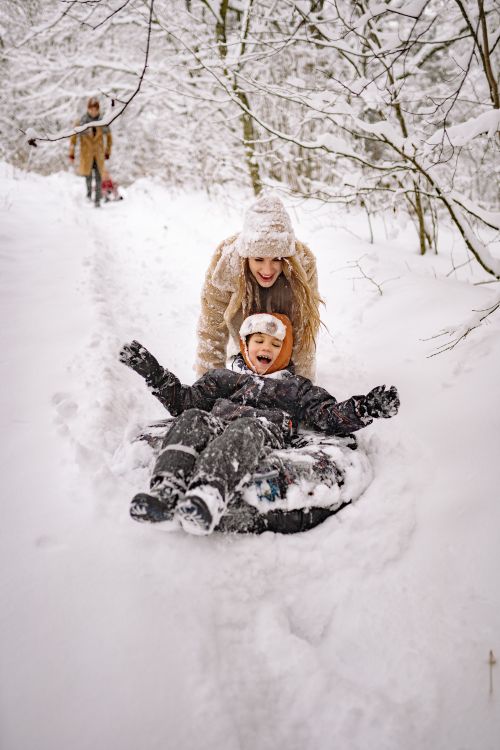 Free Mother and child joyfully sledding down a snowy path in a winter forest setting. Stock Photo