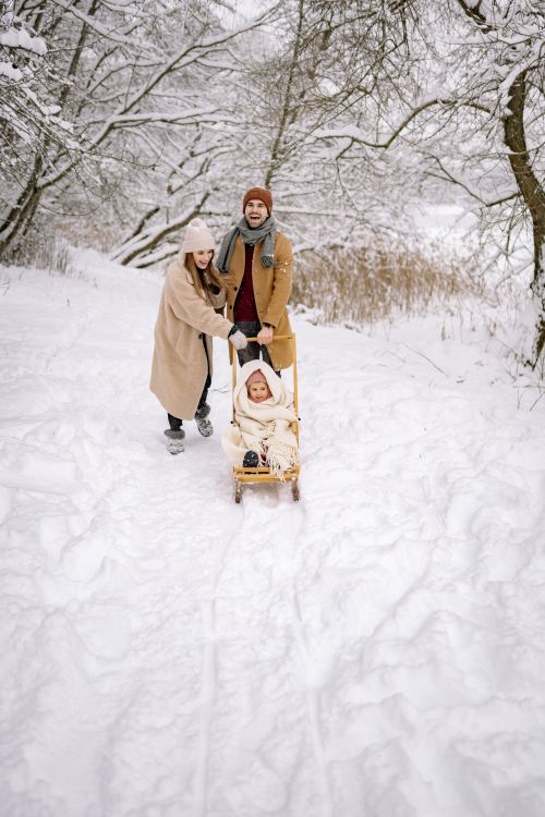 Free Happy family enjoying a snowy day with their child on a sledge. Perfect winter moment. Stock Photo