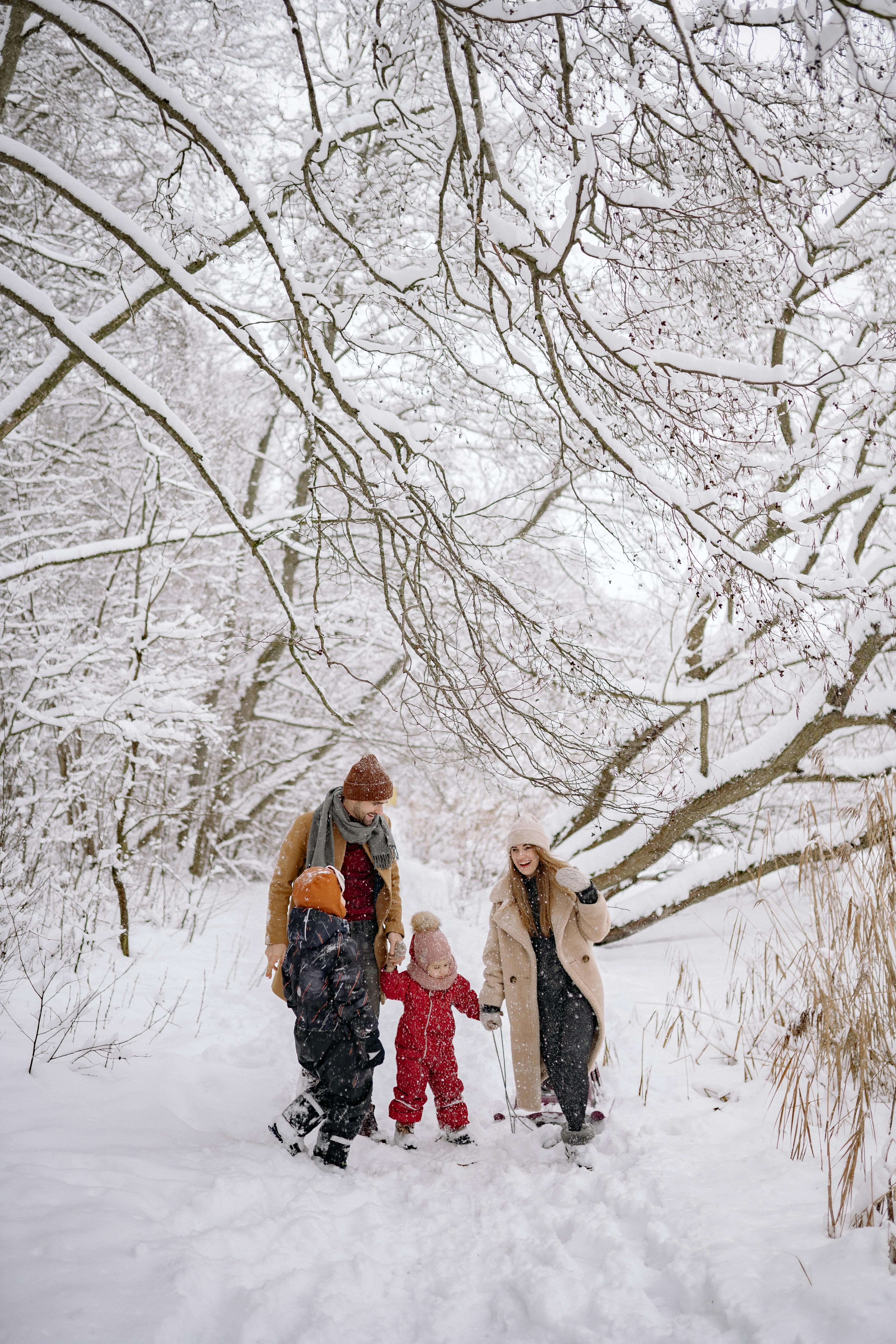 a family in winter clothes walking on a snow covered ground near the tree branches