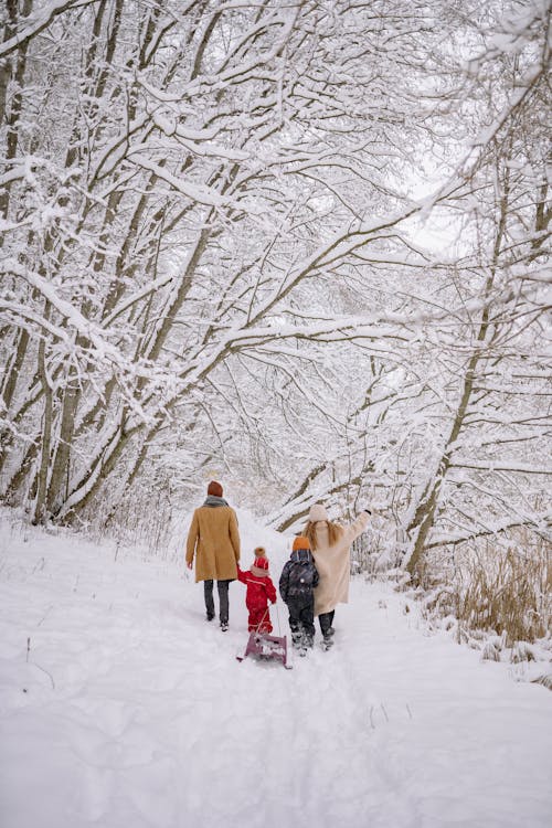 A Family Standing on the Snow Covered Ground of the Forest