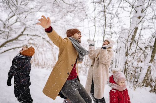 Free Happy family enjoying a snowy day in winter clothes, surrounded by bare trees and snowflakes. Stock Photo