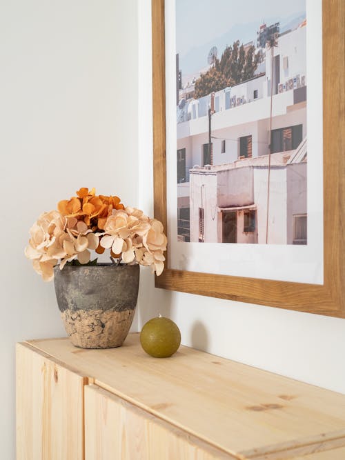 Free A Plant and a Candle on the Wooden Cabinet Stock Photo