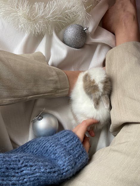 Vista superior de irreconocible mujer en suéter sentado con lindo conejo durante las vacaciones en textil arrugado con bolas de Navidad y oropel.