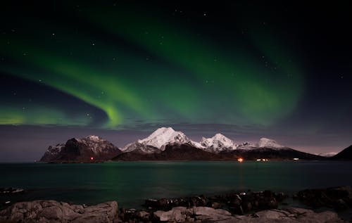 Body of Water Near Snow Covered Mountain during Night Time