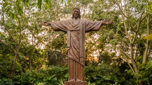 Free Symmetrical Photograph of a Brown Christ Statue against Trees Stock Photo