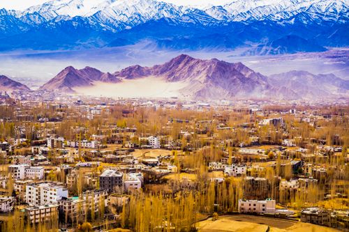 Free Panoramic view of Leh Ladakh city with mountains under a clear sky. Stock Photo