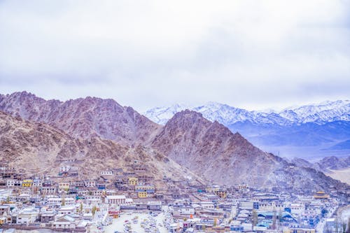 High Angle View of Town and Mountains in Winter 