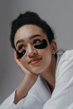 Close-up portrait of a woman with black eye patches looking thoughtful in a white top.