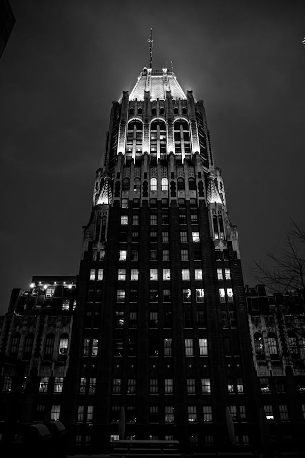 Grayscale Photo of the Bank of America Building in Baltimore