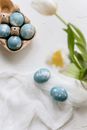 Blue Easter Eggs Beside Vase with White Tulips