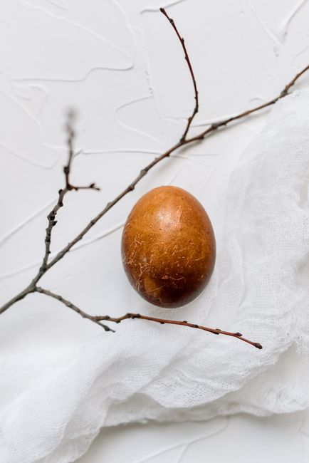A brown painted egg rests on white fabric alongside a delicate branch, showcasing minimalist Easter decor.