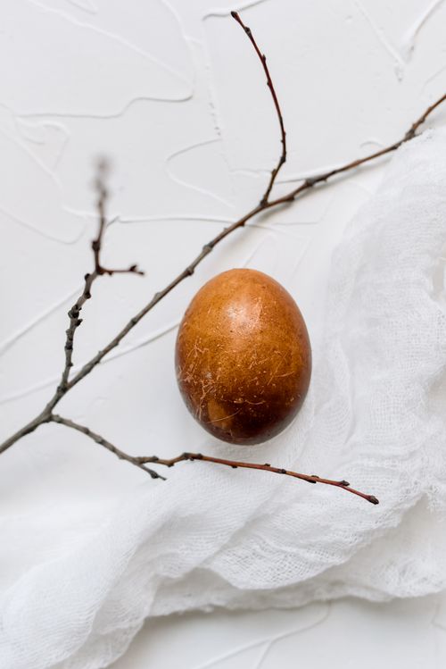 Free A brown painted egg rests on white fabric alongside a delicate branch, showcasing minimalist Easter decor. Stock Photo