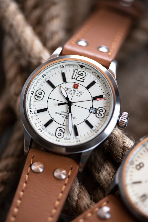 Silver and White Analog Watch with Leather Straps on Ropes