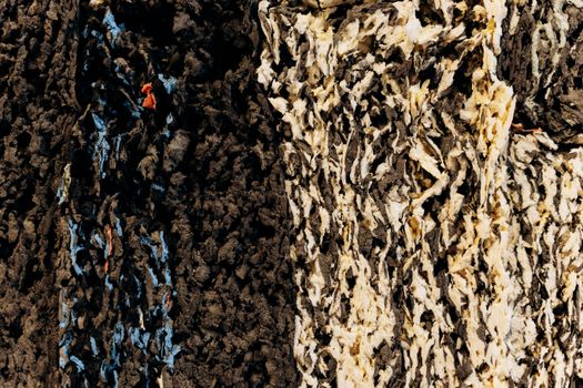 Close-up of a textured surface with dark and light multicolored layers, showcasing detail.