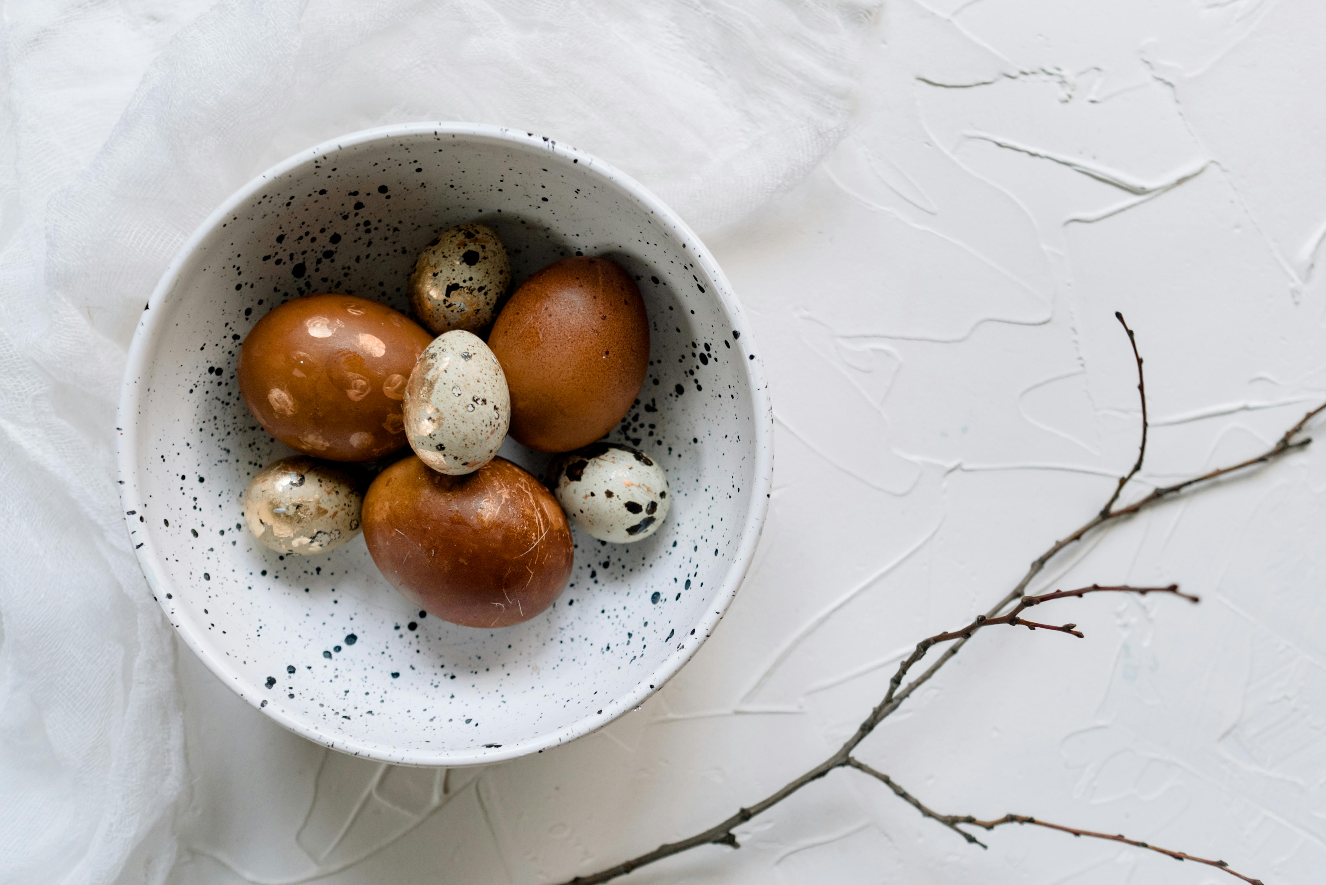 Aesthetic top view of brown and quail eggs artfully arranged in speckled bowl on white textured background.