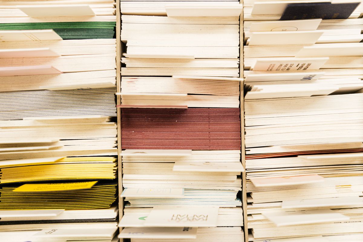 Shelves of brightly coloured folders