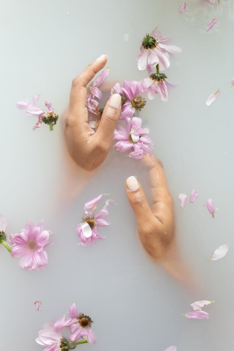 Woman Touching Gentle Flowers In Water