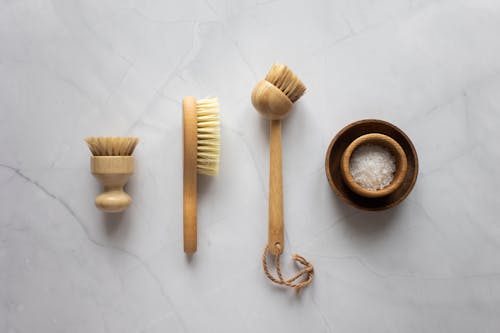 Brushes for dry massage near scrub with salt